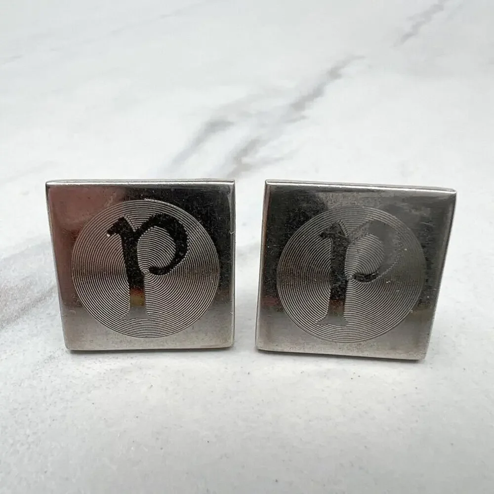 Silver Tone P Initial Letter Square Cufflinks